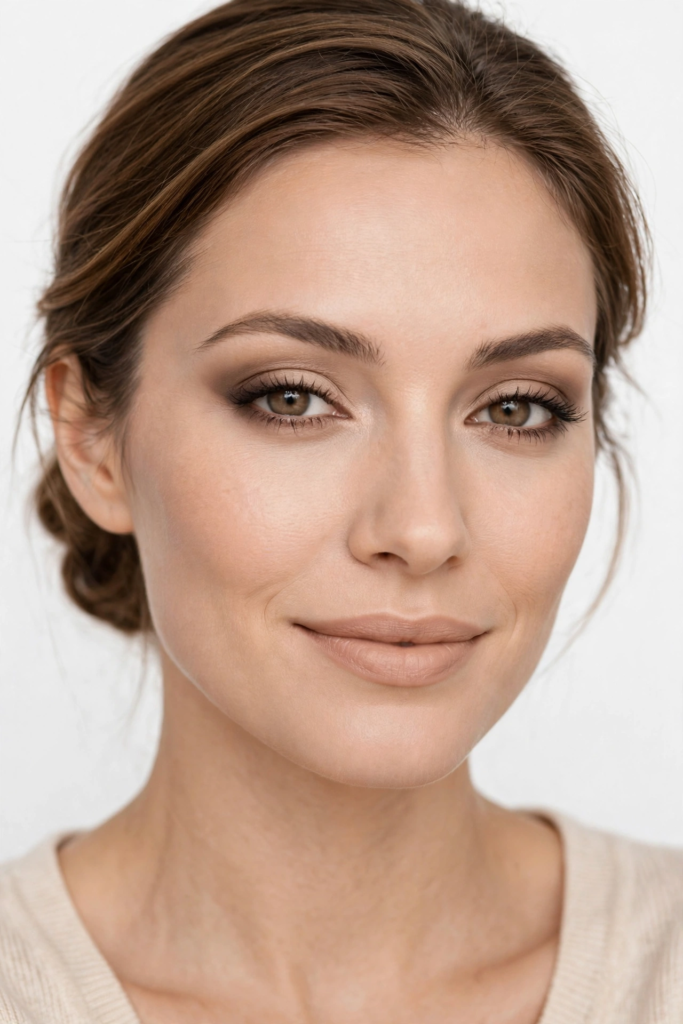 A smiling woman featuring soft smoky, simple makeup looks with taupe brown eyeshadow, sculpted brows, radiant skin, and matte nude lips.   