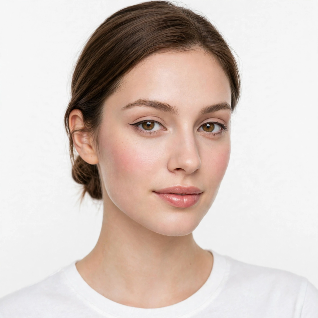 A smiling woman wearing simple makeup looks with delicate winged eyeliner, soft pink cheek blush, and glossy nude lips against a white background.   