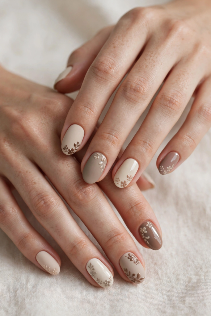 20 Simple Floral Nail Art Designs That Are Easy to Try Simple floral nail art designs featuring subtle neutral botanical flowers on nude, cream, and taupe brown nails.