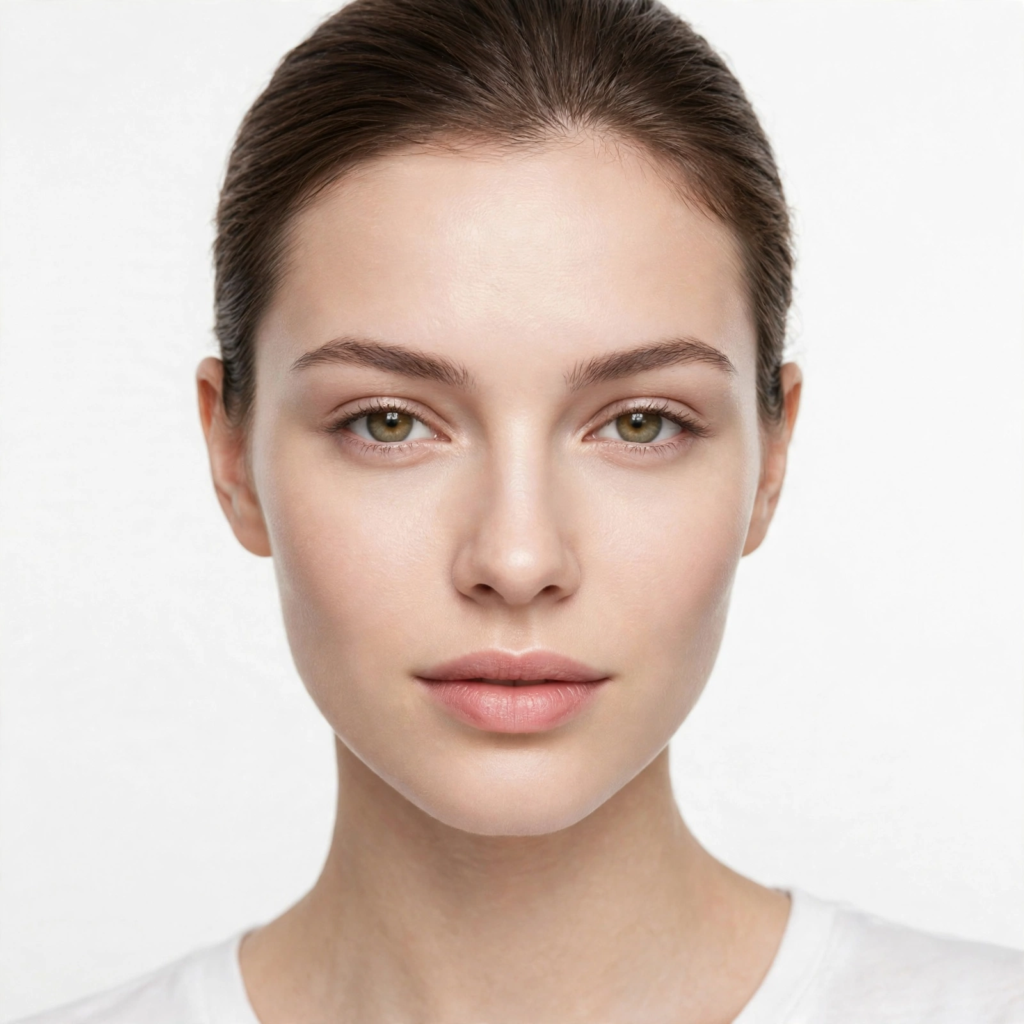 A front-facing portrait of a woman wearing natural, simple makeup looks with groomed feathered eyebrows, clean bare skin, and subtle nude-pink lips.   