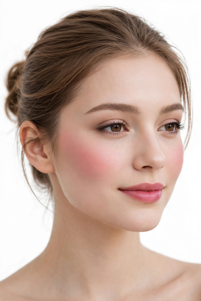 Side-angle portrait of a woman wearing soft, simple makeup looks with rosy pink blush, clean brushed brows, and satin rose-pink lips.   