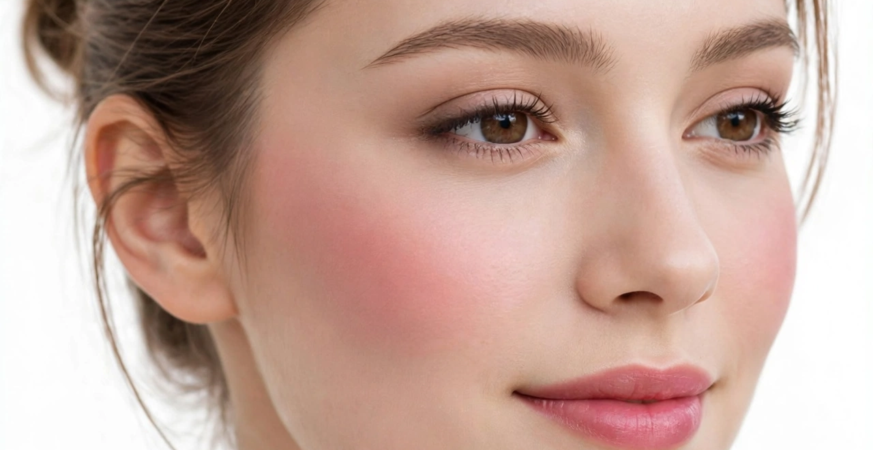 15 Simple Makeup Looks That Don’t Take Long Side-angle portrait of a woman wearing soft, simple makeup looks with rosy pink blush, clean brushed brows, and satin rose-pink lips.