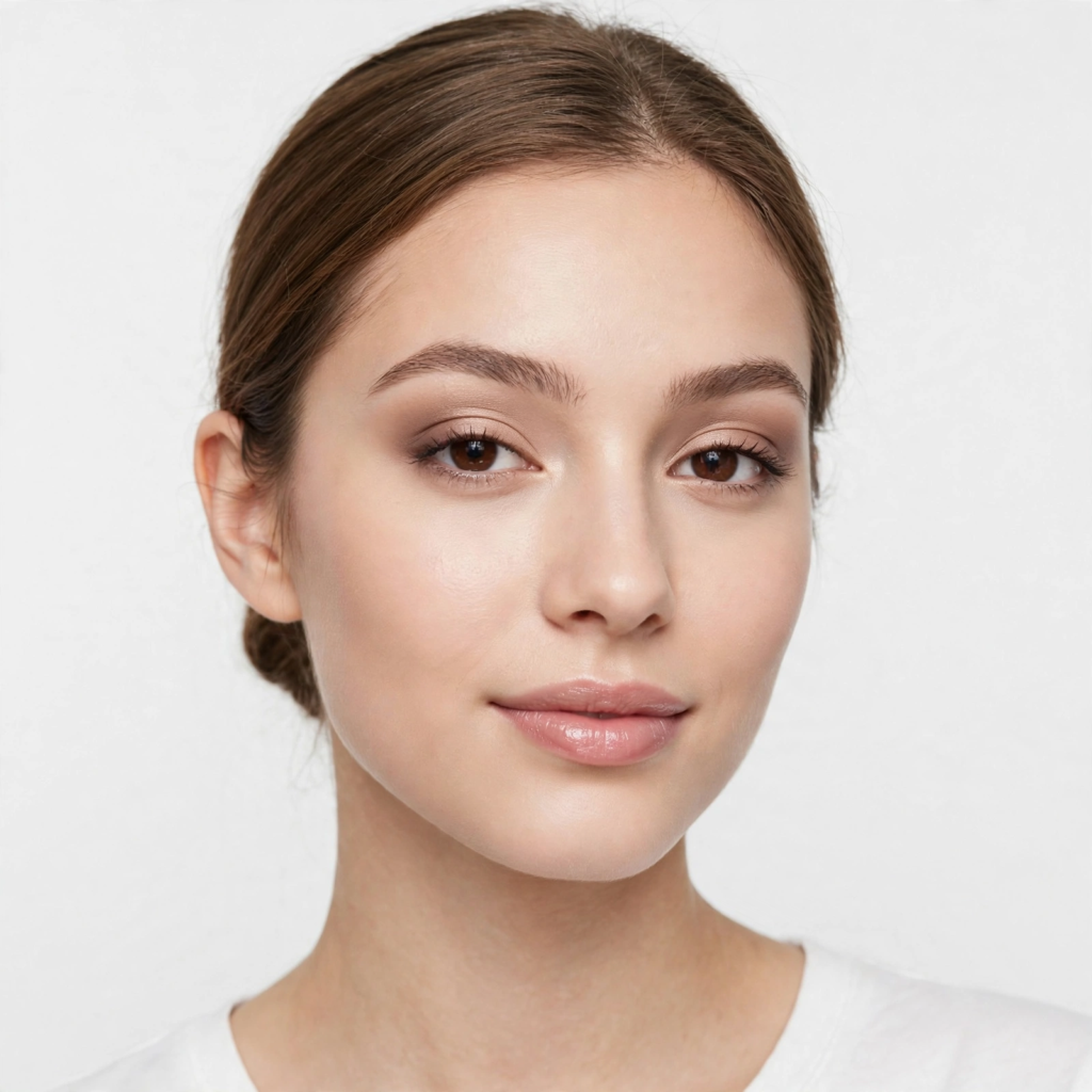 A portrait of a young woman wearing simple makeup looks with soft cool-toned eyeshadow, groomed arched eyebrows, and glossy pinkish-nude lips against a white background.   