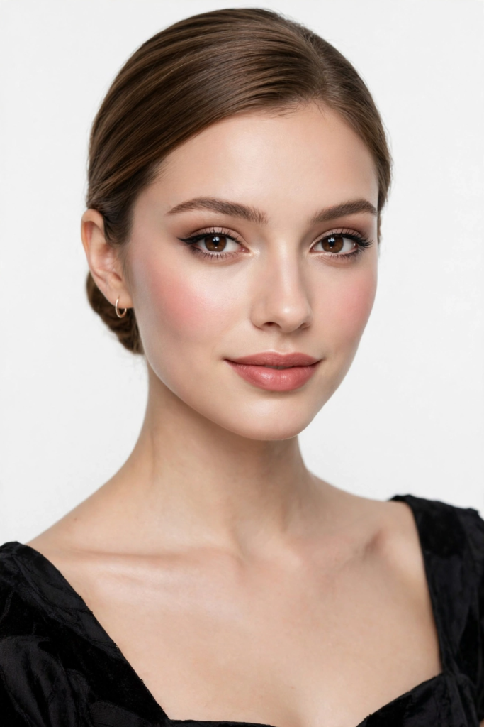 A smiling woman in a black dress wearing simple makeup looks with neat winged eyeliner, soft pink cheek blush, and satin rose-nude lips.   