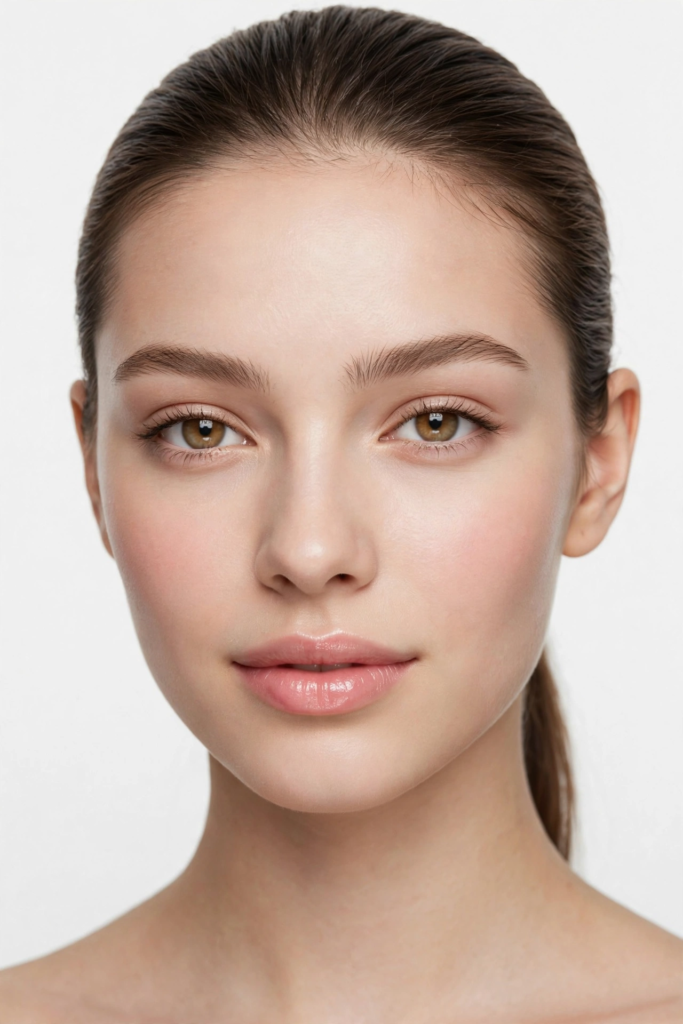A front-facing portrait of a woman wearing fresh, simple makeup looks with naturally brushed brows, a soft flush of blush, and glossy pink lips.   