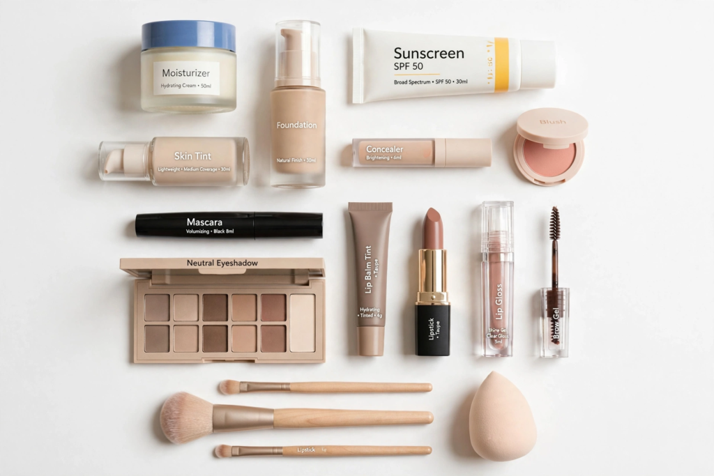 A flat lay arrangement of essential beauty products for simple makeup looks, including foundation, neutral eyeshadow, lip gloss, mascara, and makeup brushes against a white background.   