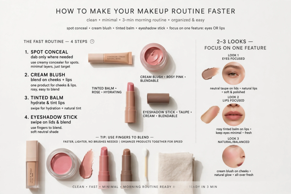 An infographic and product layout detailing a fast 4-step routine for simple makeup looks using concealer, cream blush, tinted lip balm, and an eyeshadow stick.   