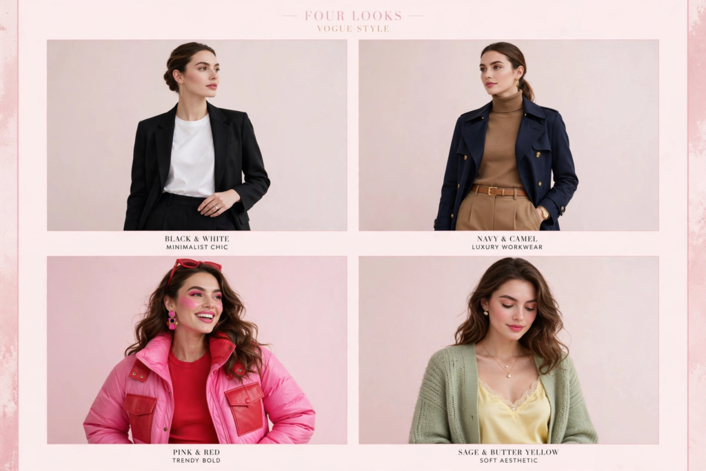 A four-panel guide showcasing chic fashion color combinations: black and white minimalist suit, navy and camel workwear, bold pink and red puffer jacket, and soft sage green with butter yellow knitwear.