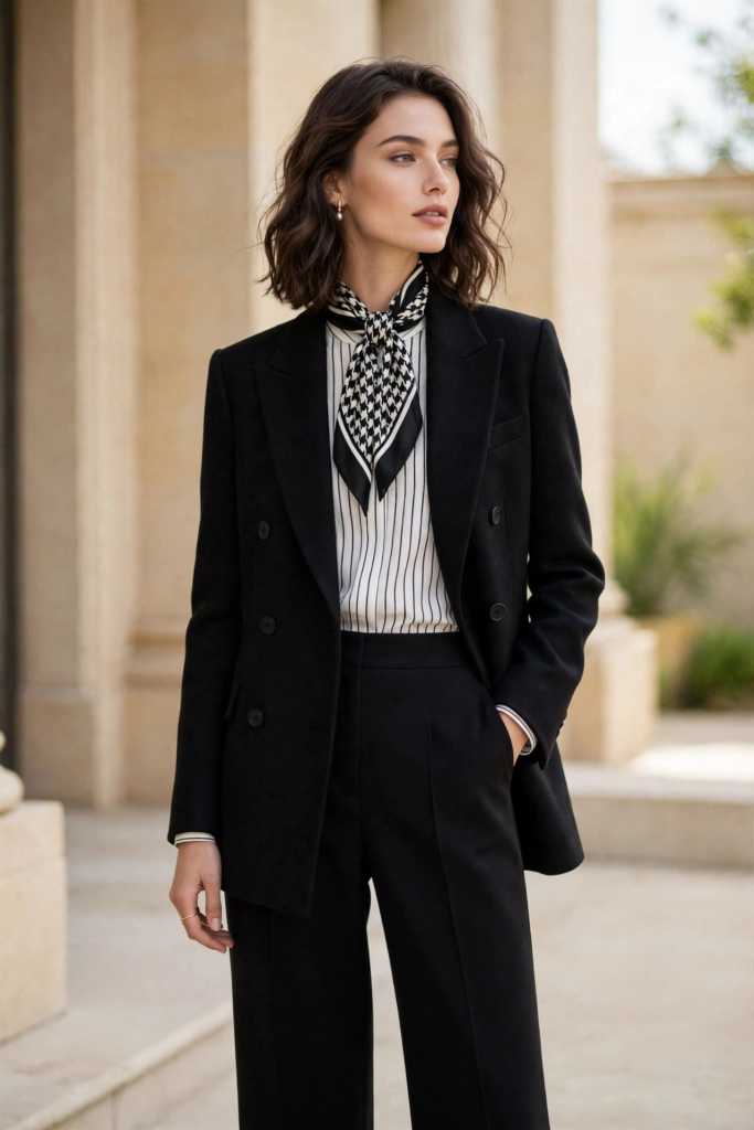 Classic monochrome fashion color combinations modeled in a tailored black double-breasted pantsuit paired with a pinstripe blouse and houndstooth neck scarf.   