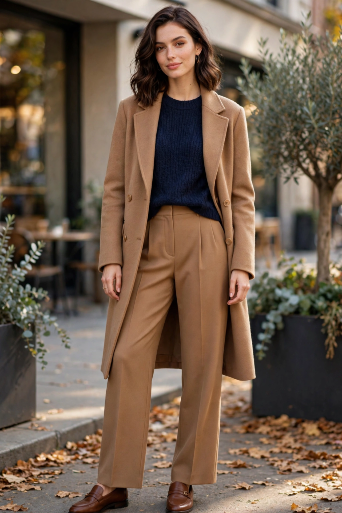 Chic camel and navy fashion color combinations modeled on a city street, featuring a tailored camel wool coat, matching pleated trousers, navy crewneck sweater, and brown leather loafers.   