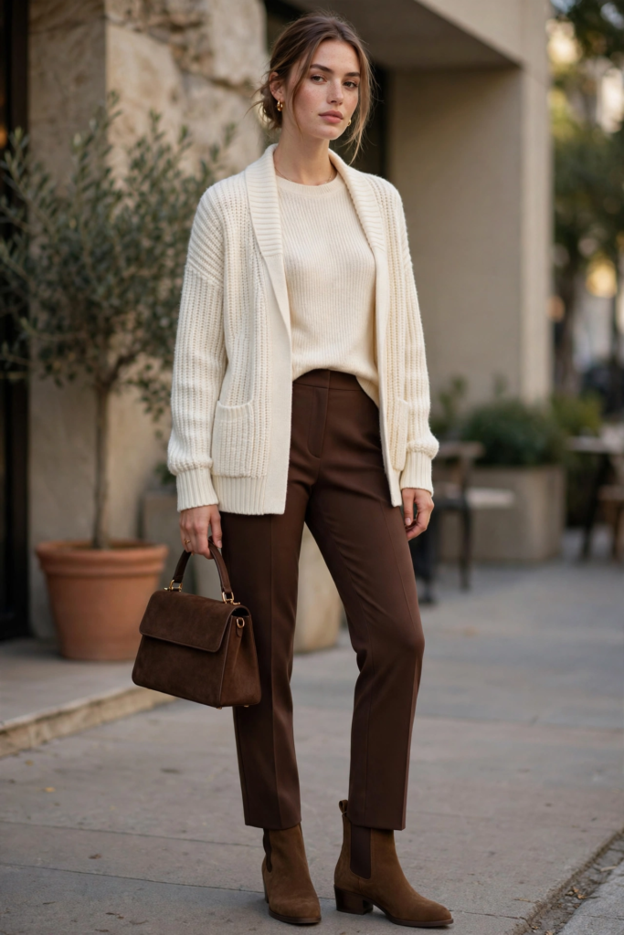 Cozy brown and cream fashion color combinations featuring a woman wearing an ivory ribbed shawl cardigan, cream crewneck top, tailored chocolate brown trousers, brown suede ankle boots, and a matching suede handbag.   