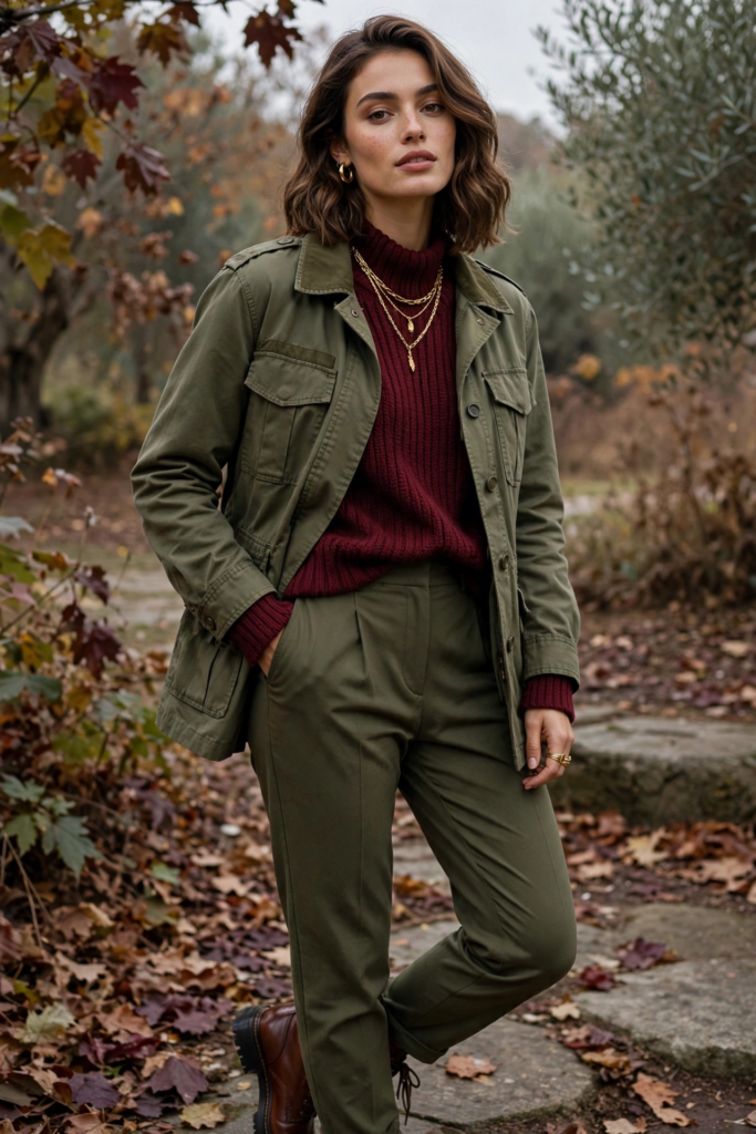 Moody autumn fashion color combinations featuring an olive green field jacket, matching olive trousers, a deep burgundy turtleneck sweater, layered gold necklaces, and brown leather boots.   