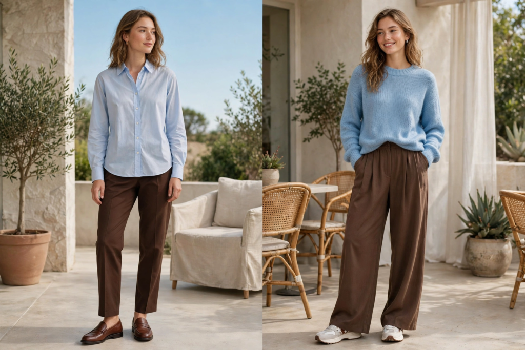 Light blue and brown fashion color combinations shown in two relaxed outdoor looks: a button-down shirt with slim brown trousers and loafers, next to a baby blue knit sweater paired with wide-leg brown pleated pants and sneakers.   
