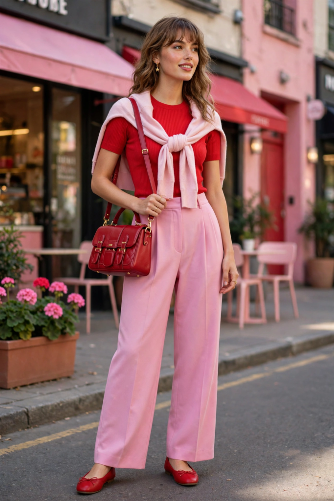 Playful red and pink fashion color combinations styled in a Parisian street look with high-waisted pastel pink trousers, a ribbed red short-sleeve top, draped baby pink sweater, red leather shoulder bag, and matching red ballet flats.   