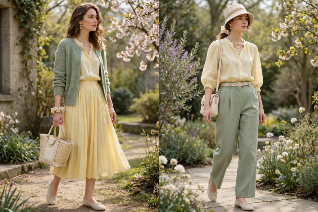 Soft sage green and butter yellow fashion color combinations shown in two spring garden looks: a pleated midi skirt with a knit cardigan and straw bag, next to pleated sage trousers styled with a yellow linen blouse and sun hat.   