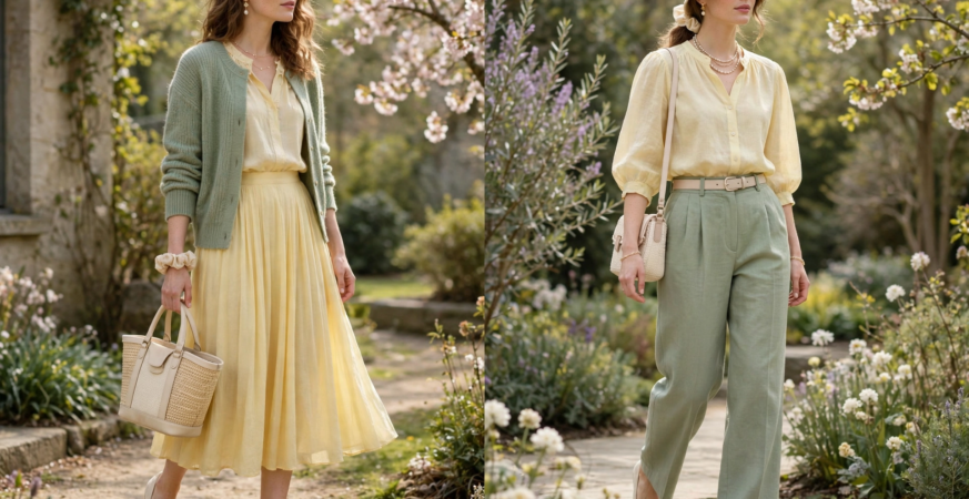 15 Fashion Color Combinations That Always Look Stylish Soft sage green and butter yellow fashion color combinations shown in two spring garden looks: a pleated midi skirt with a knit cardigan and straw bag, next to pleated sage trousers styled with a yellow linen blouse and sun hat.