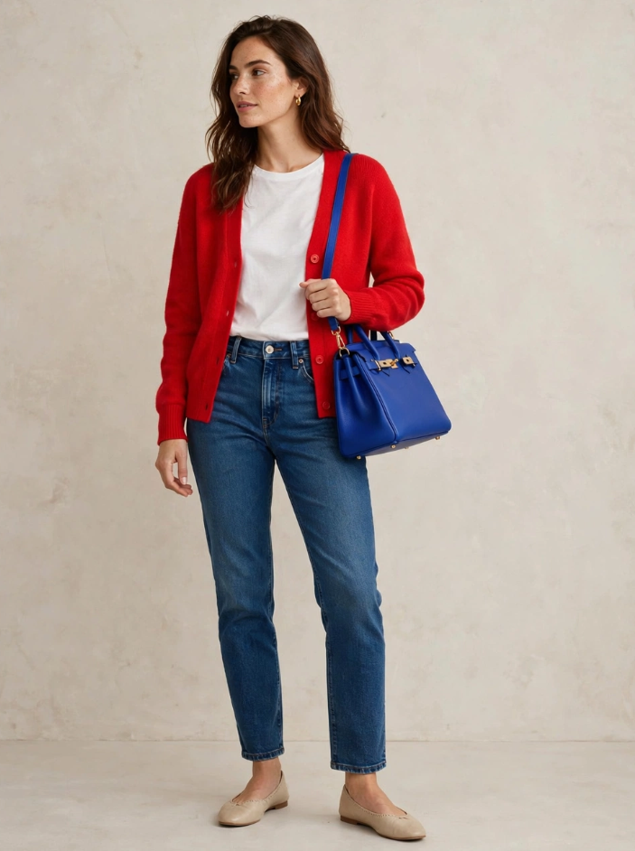 Bold primary fashion color combinations featuring a bright red knit cardigan, white crewneck t-shirt, blue straight-leg jeans, a royal blue crossbody handbag, and beige ballet flats.   