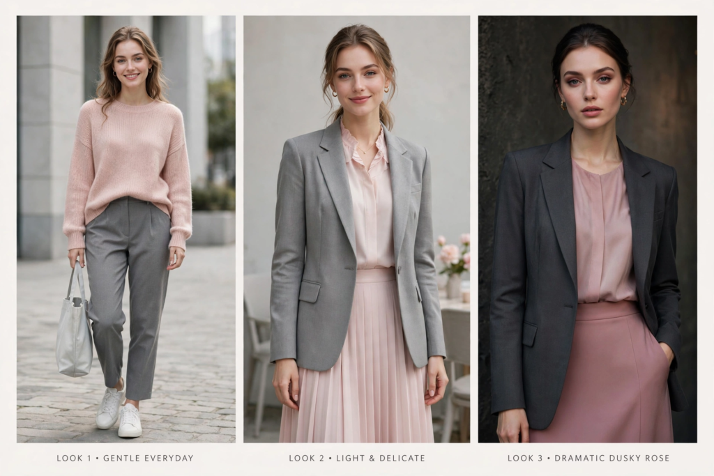 Three chic pink and grey fashion color combinations: casual pink knit sweater with grey trousers, light grey blazer over a pale pink pleated skirt, and charcoal grey blazer paired with a dusky rose skirt.   