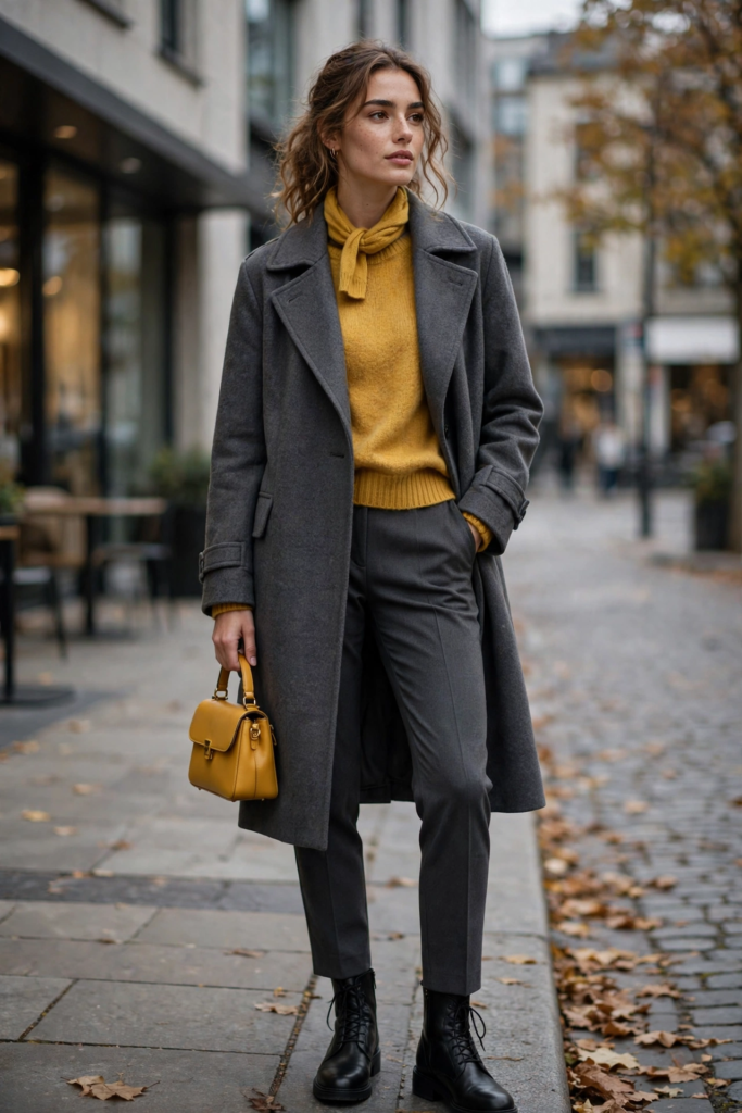 Sophisticated charcoal grey and mustard yellow fashion color combinations modeled on an autumn street, featuring a tailored grey wool coat, matching charcoal trousers, a cozy mustard knit sweater, yellow leather handbag, and black combat boots.   