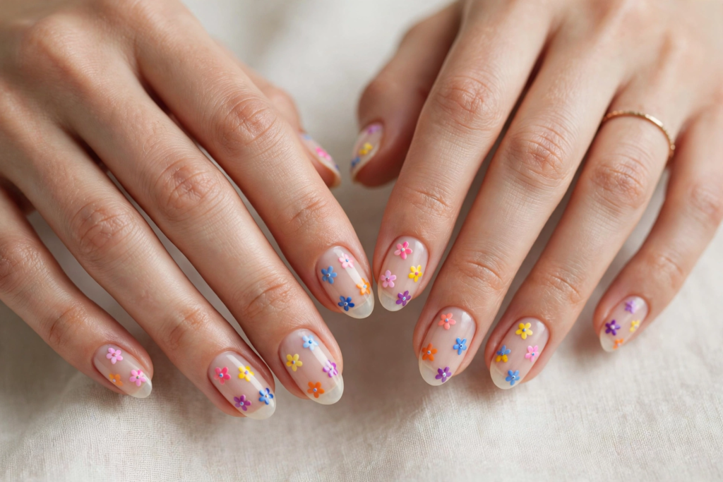 20 Simple Floral Nail Art Designs That Are Easy to Try Simple floral nail art designs featuring tiny colorful 3D rainbow daisies on oval sheer nude nails.