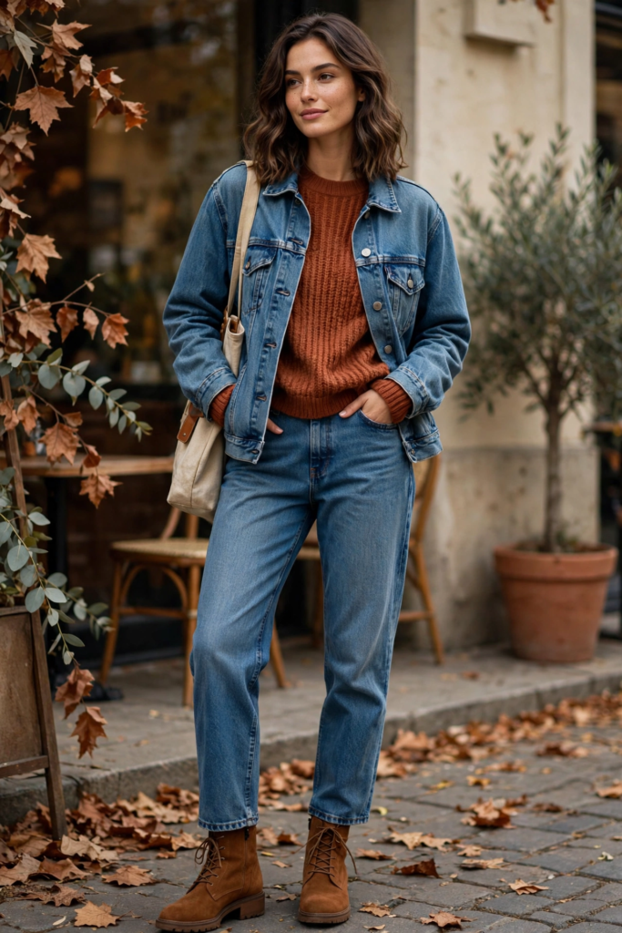 Rust and denim blue fashion color combinations styled in a casual autumn look featuring an oversized denim jacket, medium-wash jeans, a burnt orange knit sweater, and brown suede lace-up boots.   