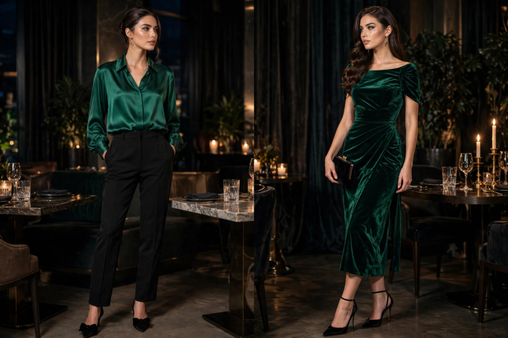 Luxurious emerald green and black fashion color combinations displayed in two evening looks: an emerald silk blouse paired with black tailored trousers, alongside a draped dark green velvet cocktail dress with black heels and clutch.   