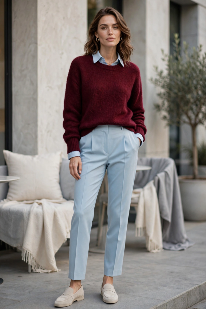 Chic burgundy and baby blue fashion color combinations styled in a smart-casual look featuring high-waisted pastel blue trousers, a layered light blue collared shirt, maroon knit sweater, and cream suede loafers.   