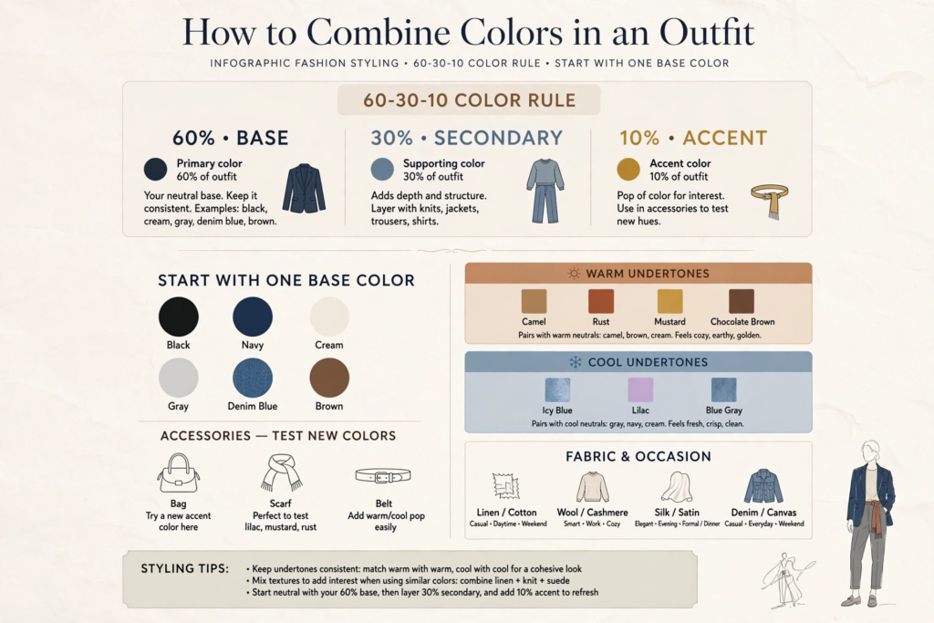 Visual styling infographic explaining fashion color combinations using the 60-30-10 color rule, base neutral swatches, warm and cool undertone palettes, and accessory styling tips.   