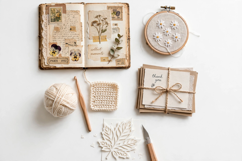 20 Nostalgic Crafts Making a Comeback in 2026 A flat lay collection of handmade projects including a vintage botanical scrapbook journal, a daisy embroidery hoop, a crochet square with yarn, a papercut leaf, and twine-wrapped thank you cards, highlighting nostalgic crafts 2026 hobby trends.