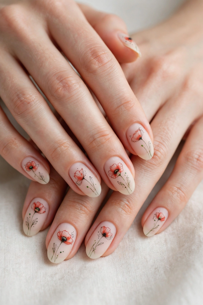 20 Simple Floral Nail Art Designs That Are Easy to Try Simple floral nail art designs featuring delicate red watercolor poppy flowers with fine black stems on oval nude nails.