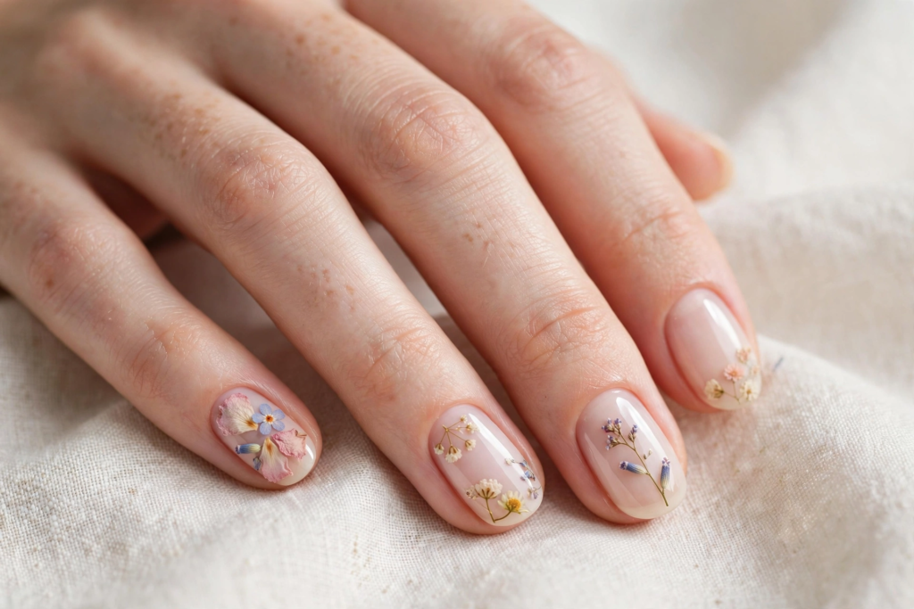 20 Simple Floral Nail Art Designs That Are Easy to Try Simple floral nail art designs featuring real pressed dried wildflowers and lavender encapsulated on short glossy nude nails.