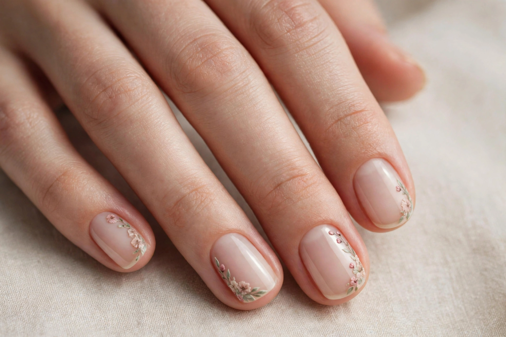 20 Simple Floral Nail Art Designs That Are Easy to Try Simple floral nail art designs featuring delicate dusty pink wildflowers and leafy vine borders on short square nude nails.