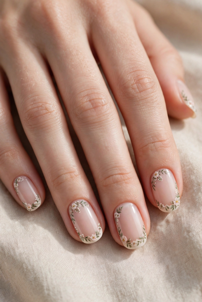 20 Simple Floral Nail Art Designs That Are Easy to Try Simple floral nail art designs featuring delicate botanical flower and leaf wreath borders framing short oval nude nails.
