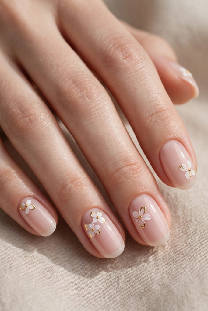 20 Simple Floral Nail Art Designs That Are Easy to Try Simple floral nail art designs featuring delicate white petals outlined with fine gold chrome accents on glossy oval nude nails.