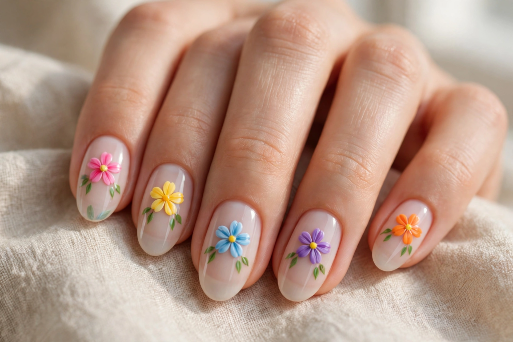 20 Simple Floral Nail Art Designs That Are Easy to Try Simple floral nail art designs featuring colorful 3D sculpted daisies in pink, yellow, blue, purple, and orange with green leaves on oval milky nude nails.