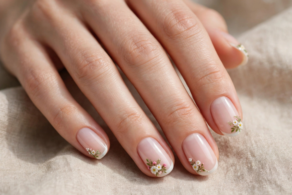 20 Simple Floral Nail Art Designs That Are Easy to Try Simple floral nail art designs featuring tiny white and pink wildflowers clustered at the tips of classic French manicure nails.