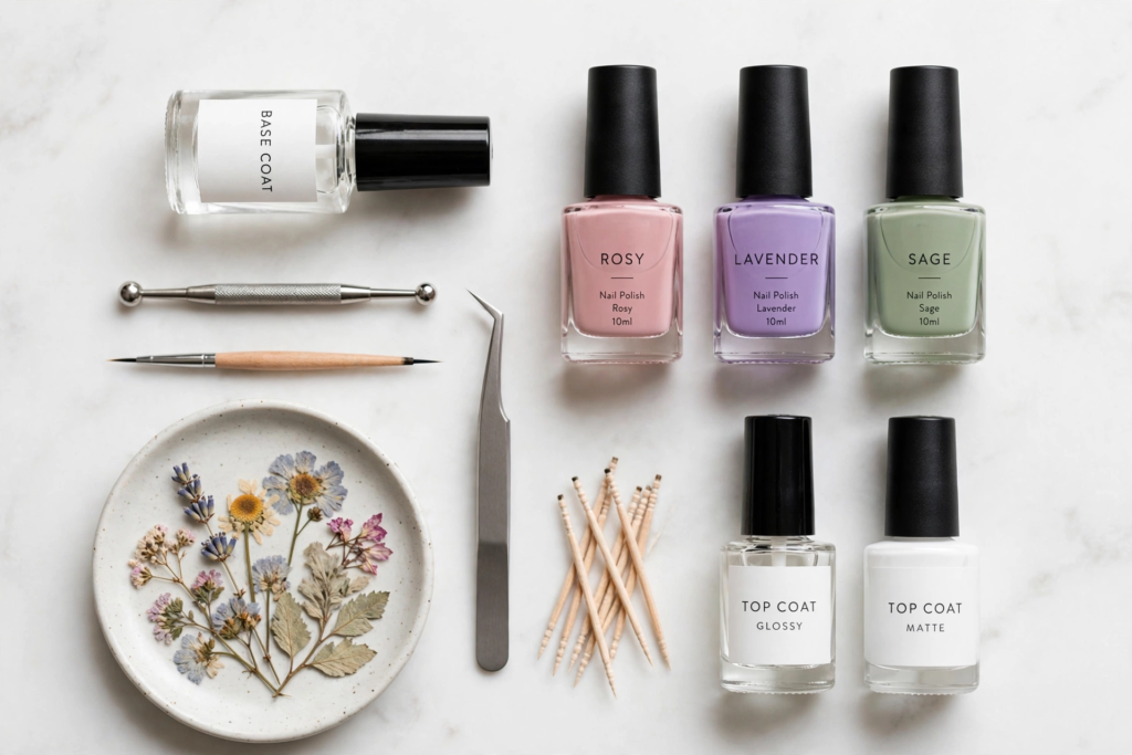 20 Simple Floral Nail Art Designs That Are Easy to Try Essential tools and pastel polishes needed to create simple floral nail art designs, including dotting tools, dried flowers, and fine detail brushes.