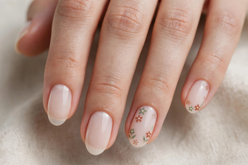 20 Simple Floral Nail Art Designs That Are Easy to Try Simple floral nail art designs featuring tiny folk-style floral accents on sheer milky nude accent nails.