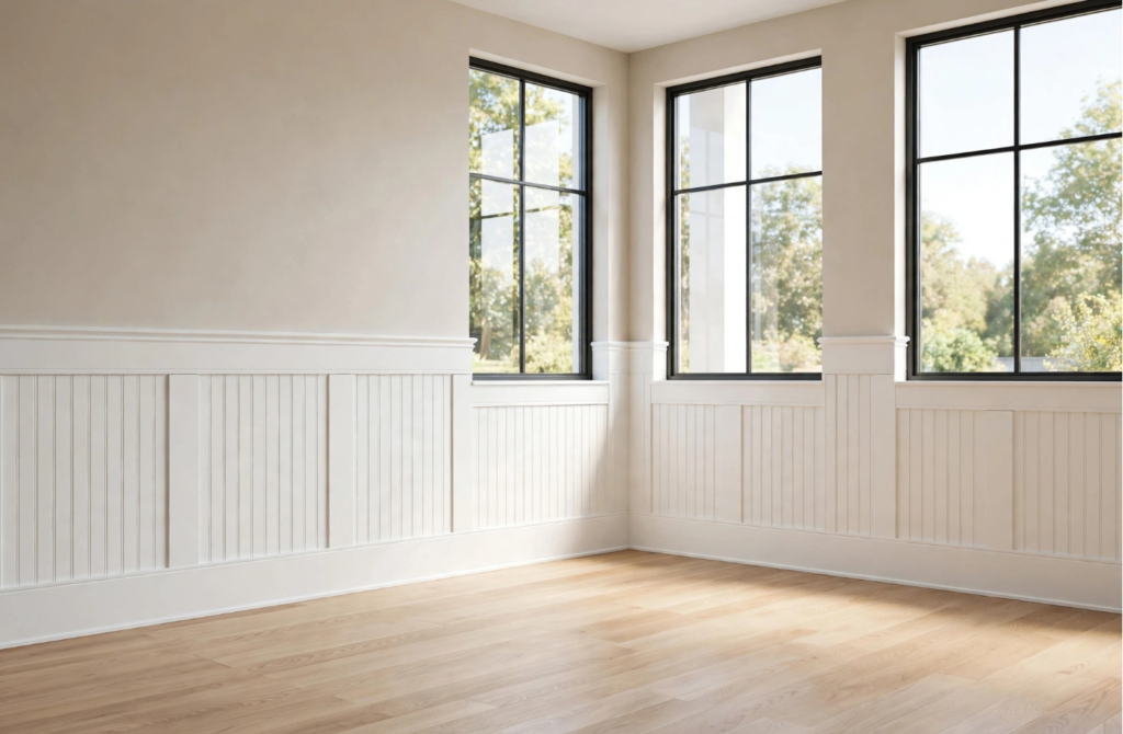 Wainscoting and Beadboard Styles: What’s the Difference? Vertical beadboard wainscoting ideas with framed flat batten dividers beneath large black-framed windows and light wood floors.