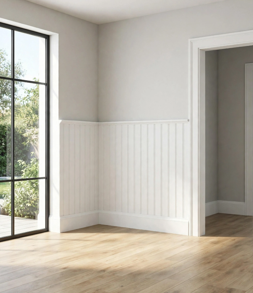 Wainscoting and Beadboard Styles: What’s the Difference? Vertical beadboard wall paneling with white cap molding along a neutral wall beside a black-framed window.