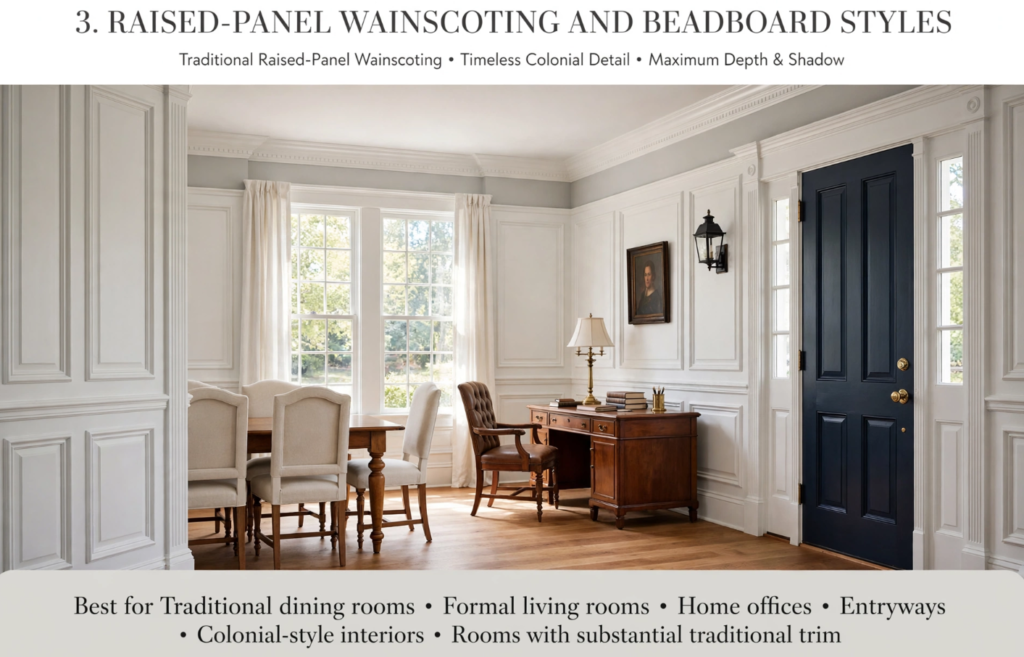Wainscoting and Beadboard Styles: What’s the Difference? Traditional raised panel wainscoting styles featured in an elegant dining room and home office with full-wall white paneling and a dark blue interior door.