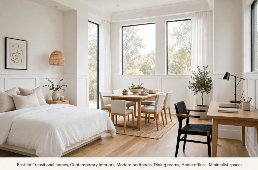 Wainscoting and Beadboard Styles: What’s the Difference? Minimalist open-concept room featuring flat panel wainscoting ideas, light oak dining set, desk workspace, and a neutral white bed.