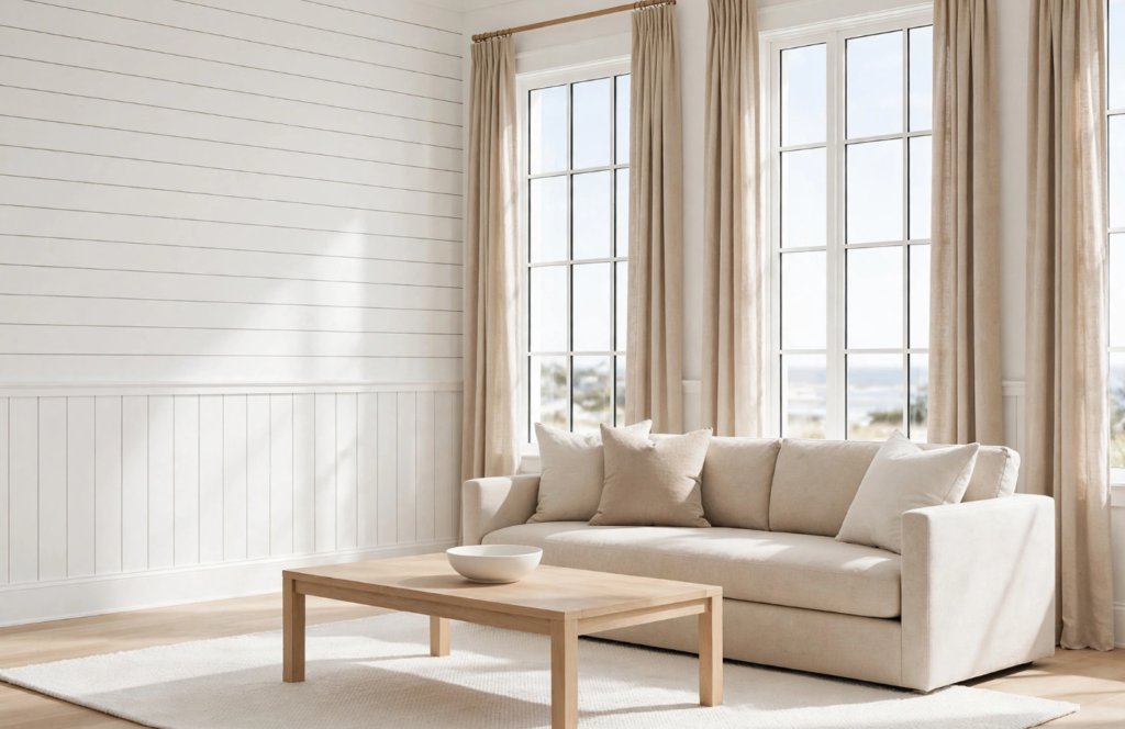 Wainscoting and Beadboard Styles: What’s the Difference? Coastal living room featuring vertical beadboard and horizontal shiplap wall paneling, a neutral beige sofa, and tall sunny windows.