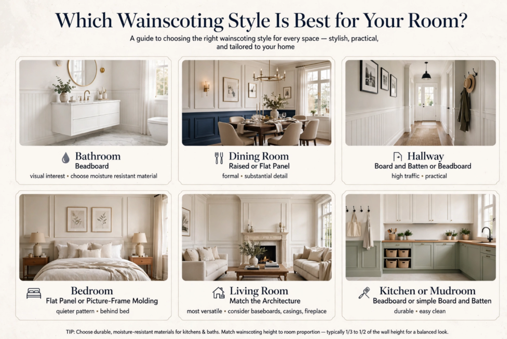 Wainscoting and Beadboard Styles: What’s the Difference? Room-by-room guide explaining which wainscoting style is best for your room, featuring bathroom, dining, hallway, bedroom, living room, and mudroom options.