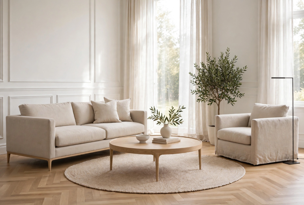 Wainscoting and Beadboard Styles: What’s the Difference? Minimalist living room featuring picture frame molding living room wall panels, a beige sofa, round coffee table, and an armchair.