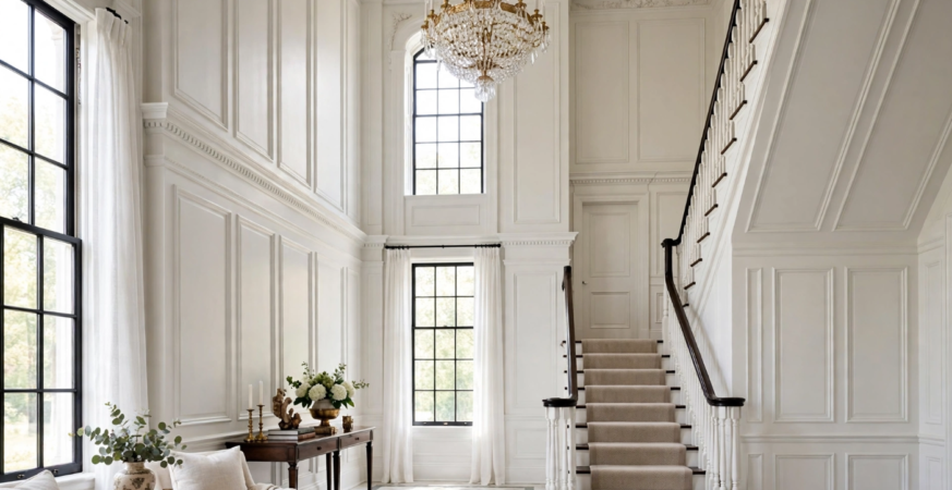 Wainscoting and Beadboard Styles comparison guide banner featured above an elegant two-story white foyer with picture frame wall molding and staircase.