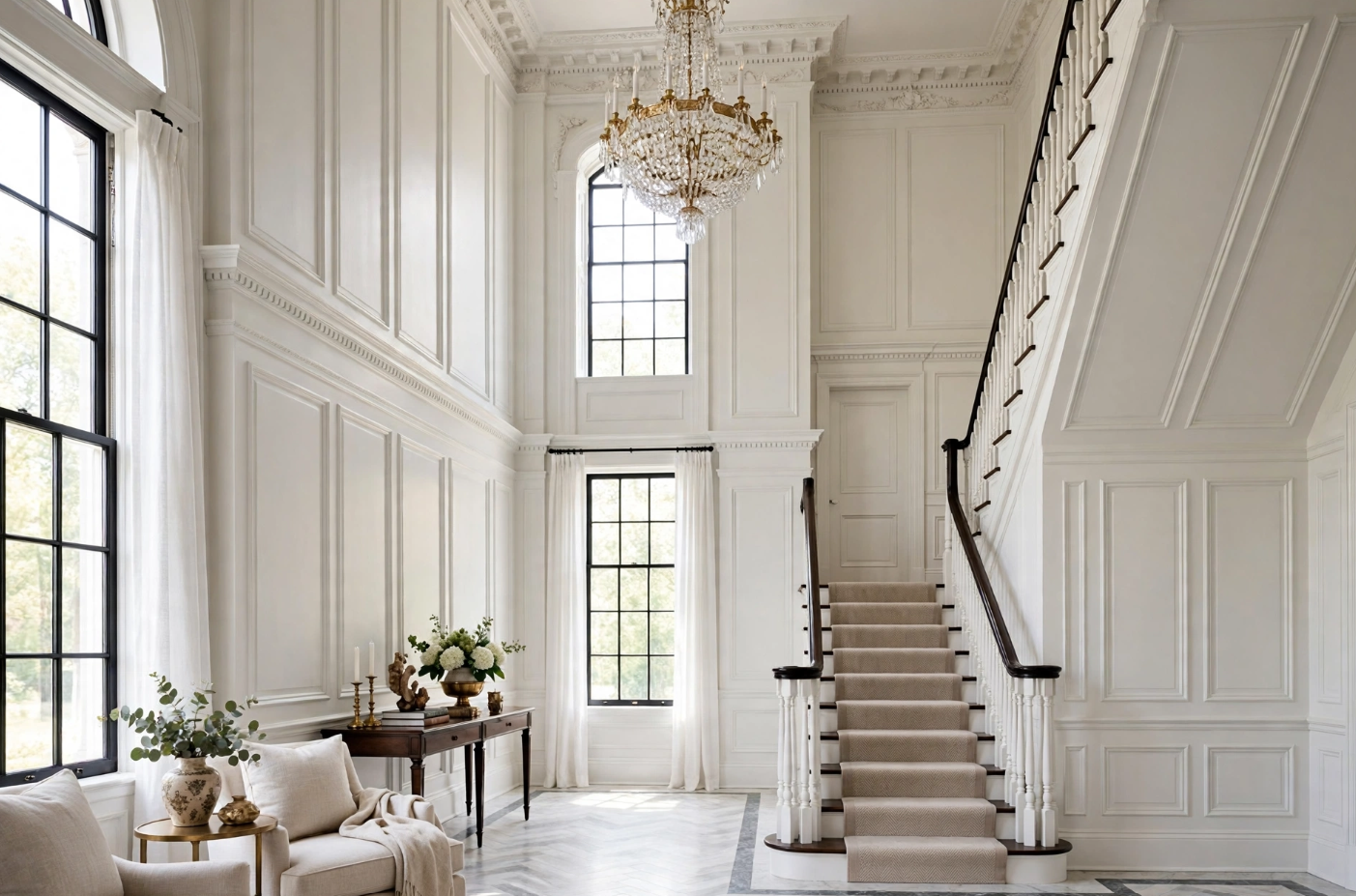 Wainscoting and Beadboard Styles comparison guide banner featured above an elegant two-story white foyer with picture frame wall molding and staircase.