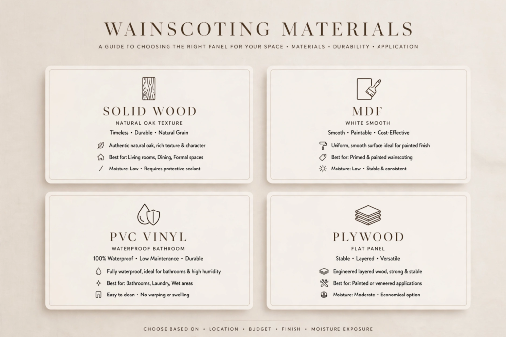 Wainscoting and Beadboard Styles: What’s the Difference? Wainscoting materials guide comparing solid wood, MDF, PVC vinyl, and plywood panels based on durability and room applications.