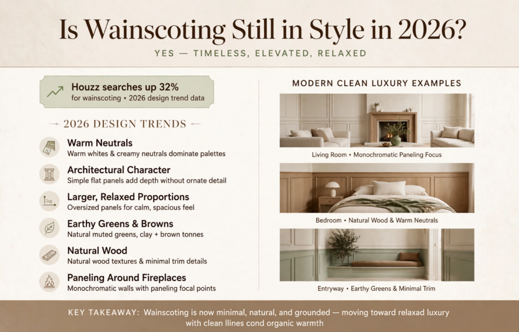 Wainscoting and Beadboard Styles: What’s the Difference? Trend guide exploring is wainscoting still in style in 2026, highlighting warm neutrals, natural wood textures, and clean luxury interiors.