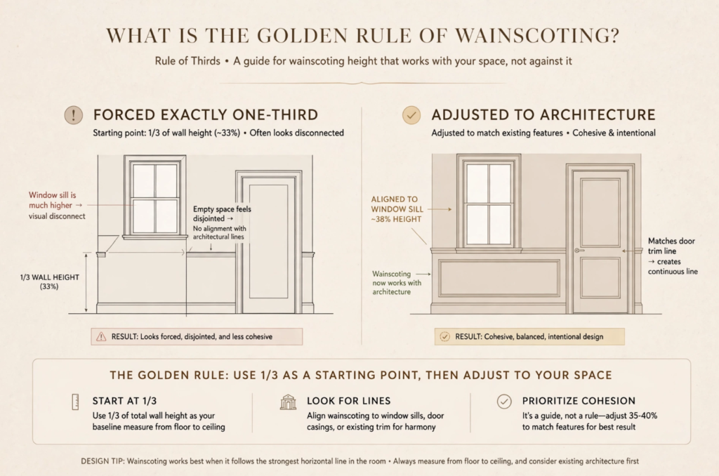 Wainscoting and Beadboard Styles: What’s the Difference? Architectural design guide illustrating the golden rule of wainscoting height, comparing forced one-third measurements versus aligning trim with window sills and doors.